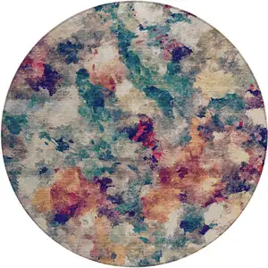 Photo of 8' Beige Teal Blue And Blush Round Abstract Washable Indoor Outdoor Area Rug