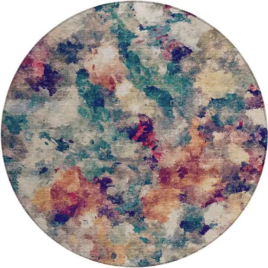 8' Beige Teal Blue And Blush Round Abstract Washable Indoor Outdoor Area Rug Photo 1