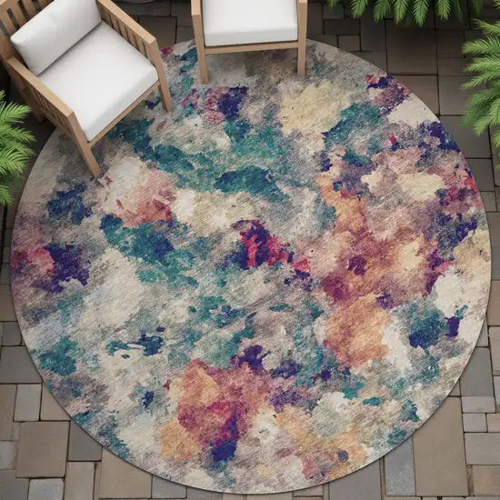 8' Beige Teal Blue And Blush Round Abstract Washable Indoor Outdoor Area Rug Photo 8