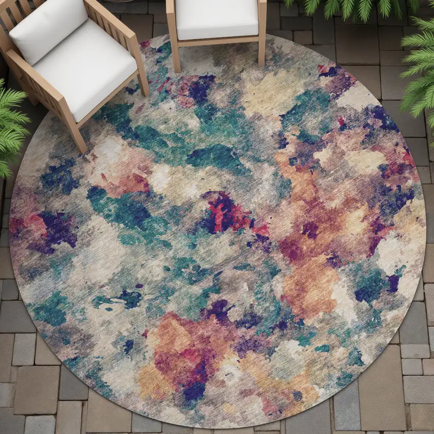 8' Beige Teal Blue And Blush Round Abstract Washable Indoor Outdoor Area Rug Photo 8
