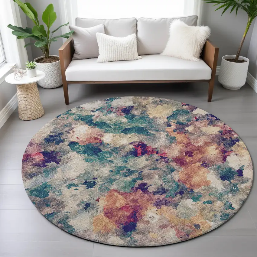 8' Beige Teal Blue And Blush Round Abstract Washable Indoor Outdoor Area Rug Photo 9