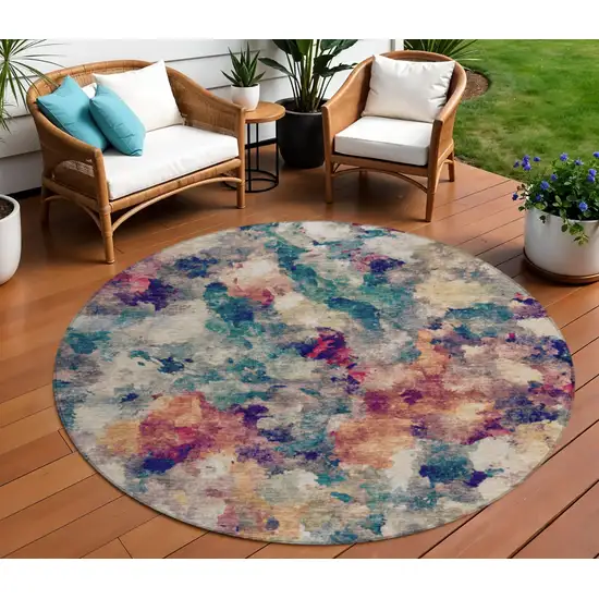 8' Beige Teal Blue And Blush Round Abstract Washable Indoor Outdoor Area Rug Photo 2