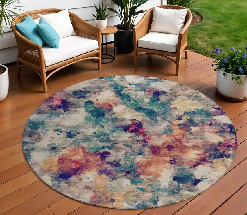 8' Beige Teal Blue And Blush Round Abstract Washable Indoor Outdoor Area Rug Photo 2