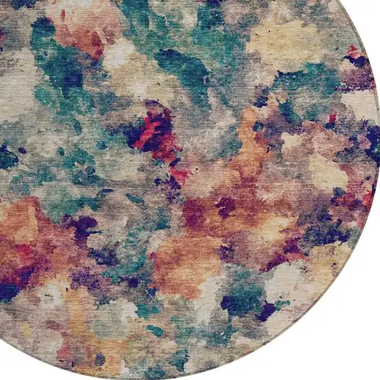 8' Beige Teal Blue And Blush Round Abstract Washable Indoor Outdoor Area Rug Photo 5