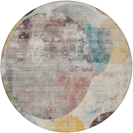 8' Beige Teal Blue And Gold Round Geometric Washable Indoor Outdoor Area Rug Photo 3