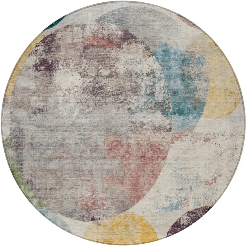 8' Beige Teal Blue And Gold Round Geometric Washable Indoor Outdoor Area Rug Photo 3