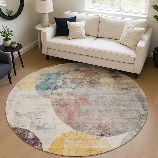 8' Beige Teal Blue And Gold Round Geometric Washable Indoor Outdoor Area Rug Photo 5