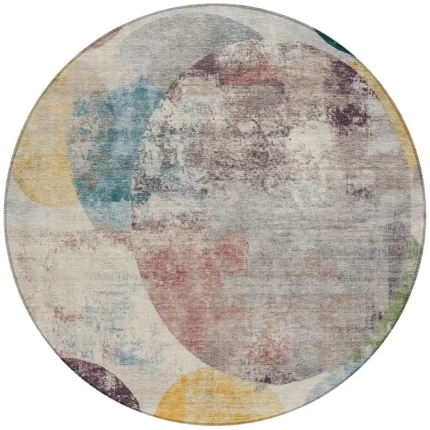 8' Beige Teal Blue And Gold Round Geometric Washable Indoor Outdoor Area Rug Photo 2