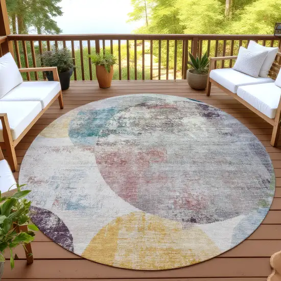 8' Beige Teal Blue And Gold Round Geometric Washable Indoor Outdoor Area Rug Photo 4