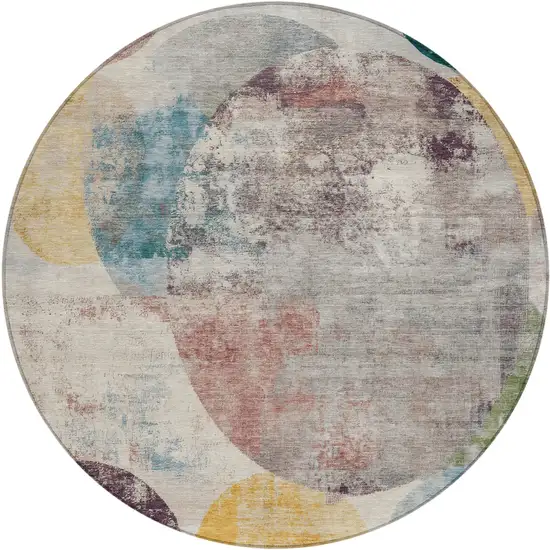 8' Beige Teal Blue And Gold Round Geometric Washable Indoor Outdoor Area Rug Photo 1
