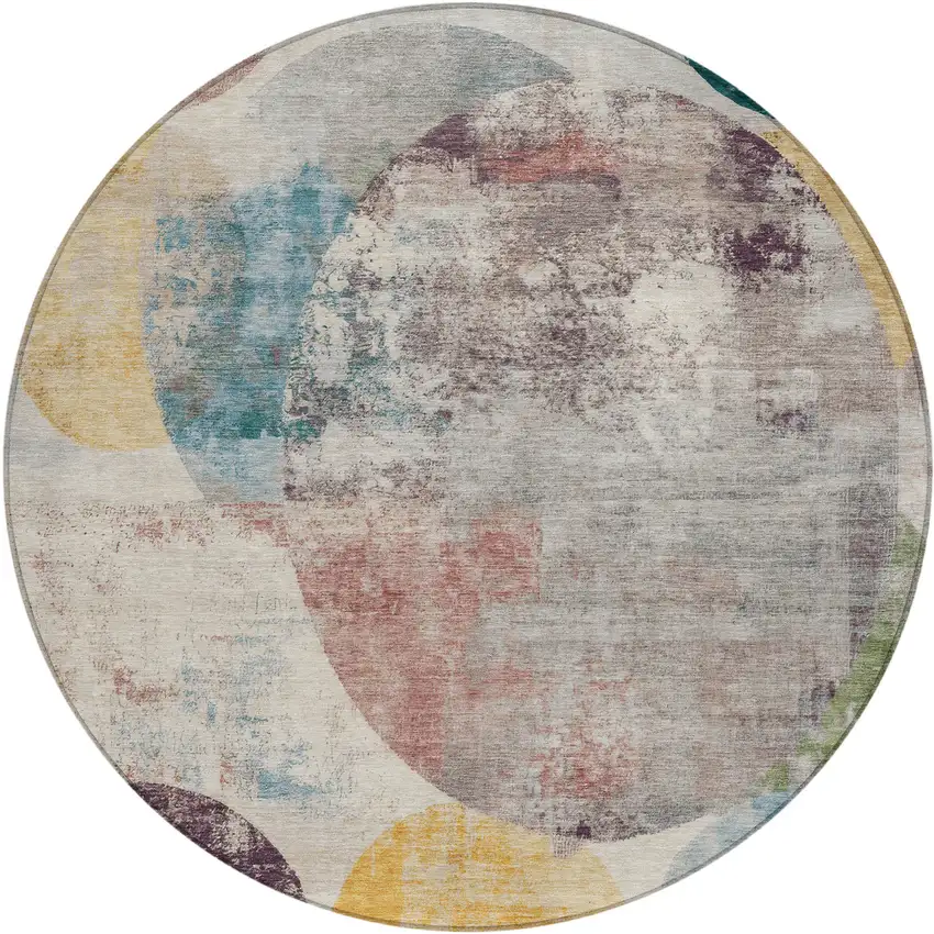 8' Beige Teal Blue And Gold Round Geometric Washable Indoor Outdoor Area Rug Photo 1