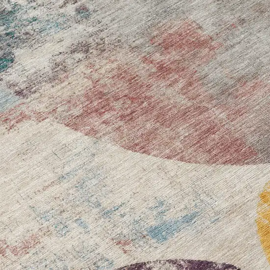 8' Beige Teal Blue And Gold Round Geometric Washable Indoor Outdoor Area Rug Photo 9