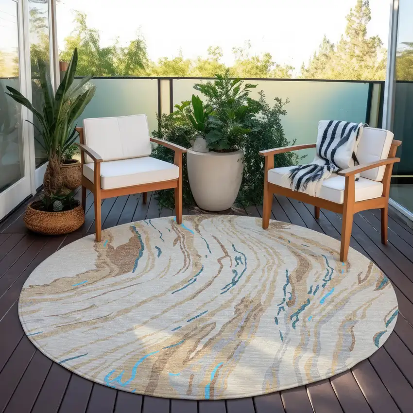 8' Beige Teal Blue And Ivory Round Abstract Washable Indoor Outdoor Area Rug Photo 7