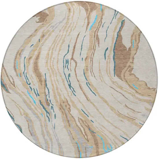 8' Beige Teal Blue And Ivory Round Abstract Washable Indoor Outdoor Area Rug Photo 6