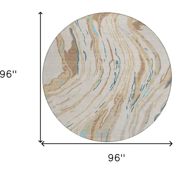 8' Beige Teal Blue And Ivory Round Abstract Washable Indoor Outdoor Area Rug Photo 3