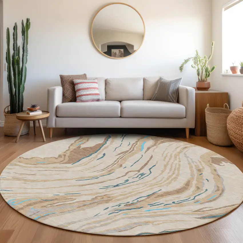 8' Beige Teal Blue And Ivory Round Abstract Washable Indoor Outdoor Area Rug Photo 8