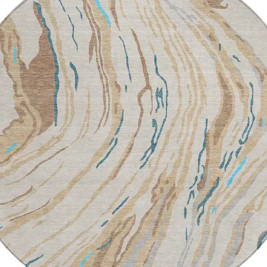 8' Beige Teal Blue And Ivory Round Abstract Washable Indoor Outdoor Area Rug Photo 5