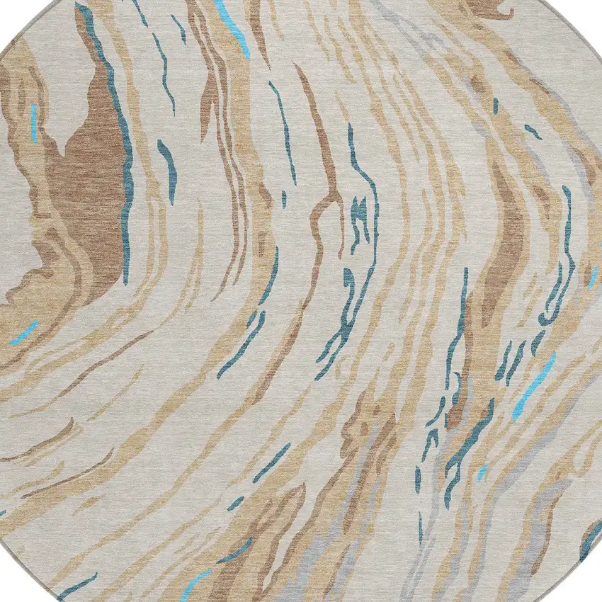 8' Beige Teal Blue And Ivory Round Abstract Washable Indoor Outdoor Area Rug Photo 5