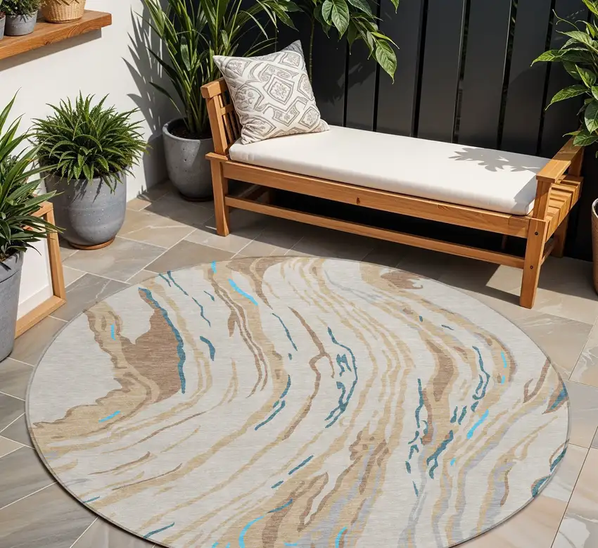 8' Beige Teal Blue And Ivory Round Abstract Washable Indoor Outdoor Area Rug Photo 1