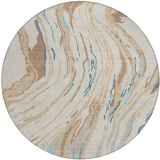 8' Beige Teal Blue And Ivory Round Abstract Washable Indoor Outdoor Area Rug Photo 2