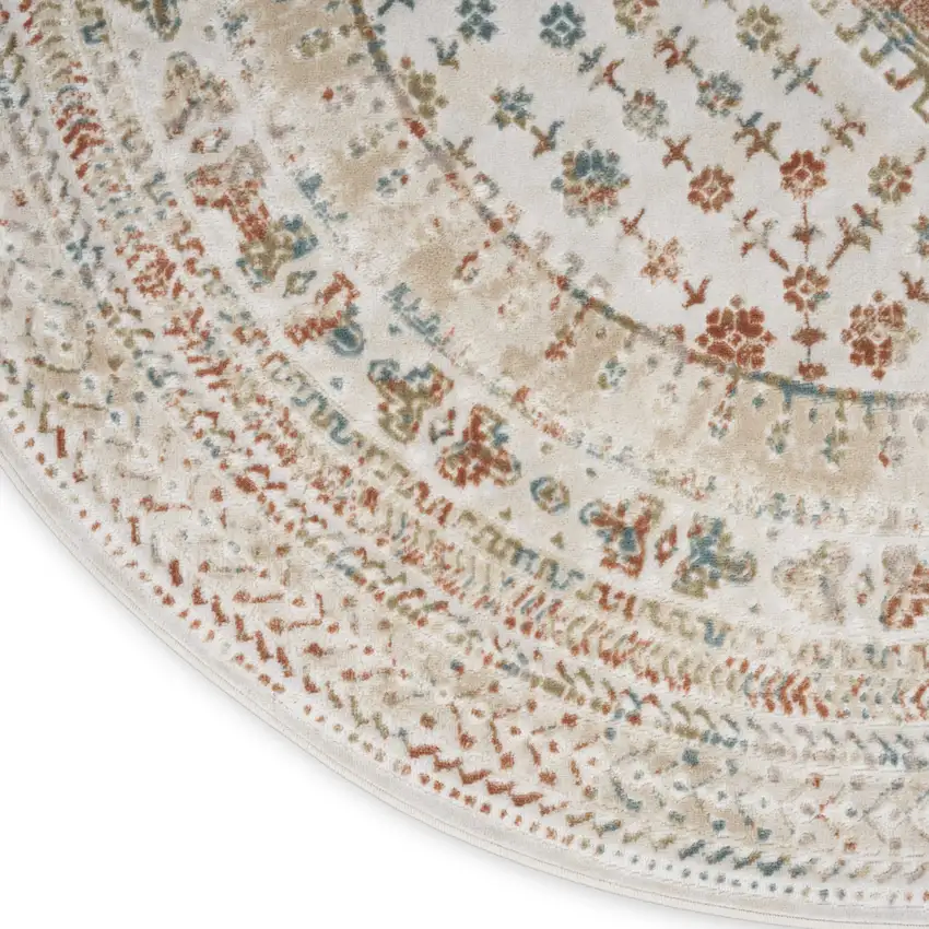 8' Beige Teal Blue And Orange Oriental Non Skid Round Rug Photo 9