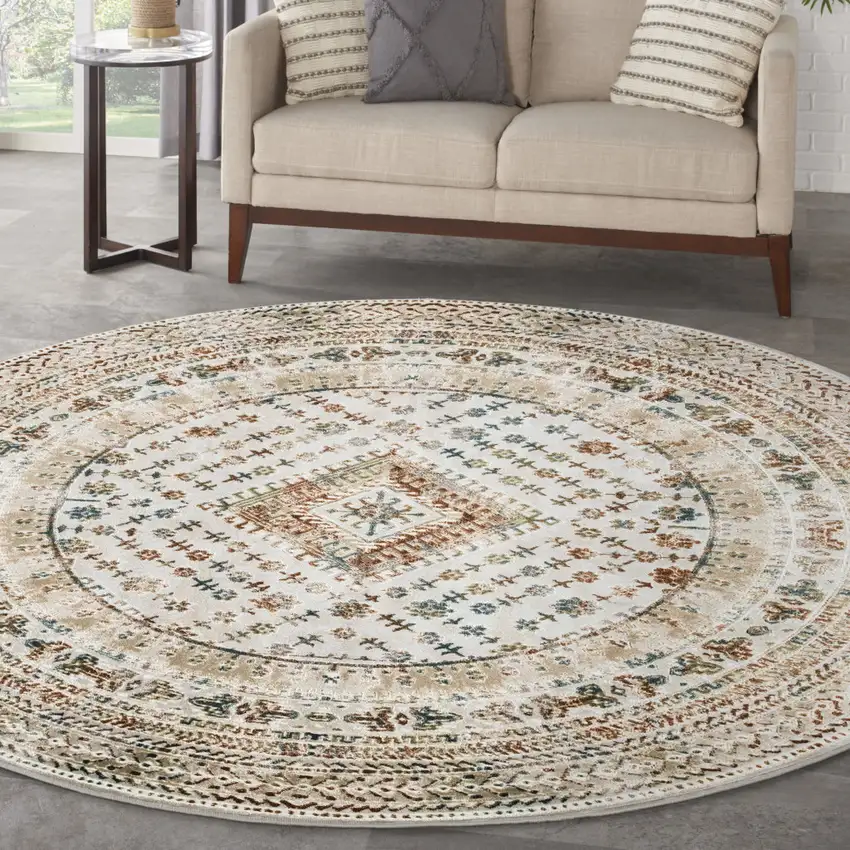 8' Beige Teal Blue And Orange Oriental Non Skid Round Rug Photo 5
