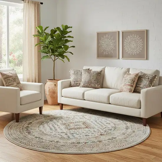 8' Beige Teal Blue And Orange Oriental Non Skid Round Rug Photo 1