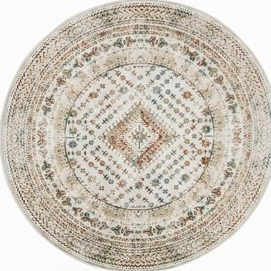 8' Beige Teal Blue And Orange Oriental Non Skid Round Rug Photo 2