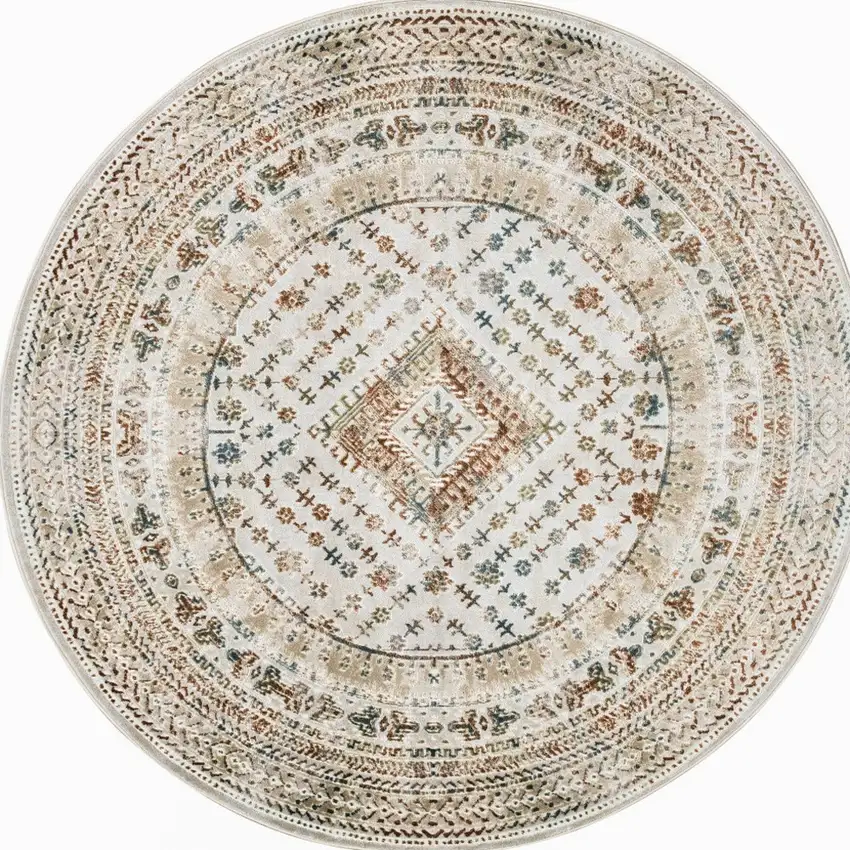8' Beige Teal Blue And Orange Oriental Non Skid Round Rug Photo 2
