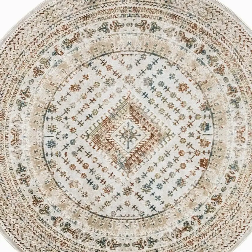 8' Beige Teal Blue And Orange Oriental Non Skid Round Rug Photo 3