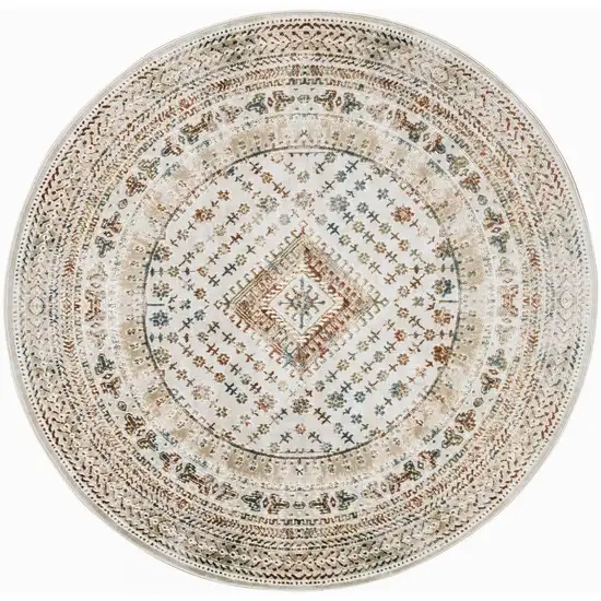 8' Beige Teal Blue And Orange Oriental Non Skid Round Rug Photo 4