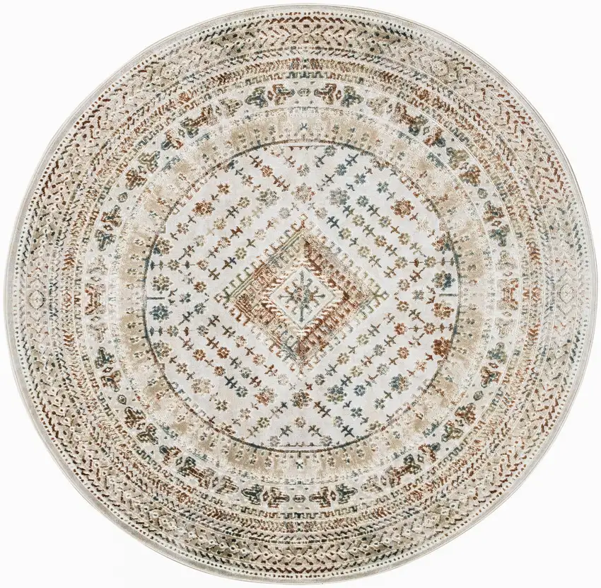 8' Beige Teal Blue And Orange Oriental Non Skid Round Rug Photo 4