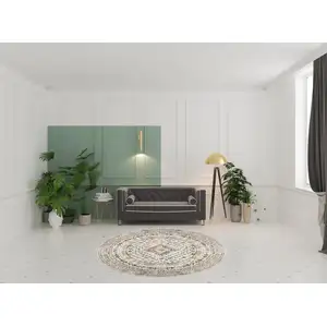 Photo of 8' Beige Teal Blue And Orange Oriental Non Skid Round Rug