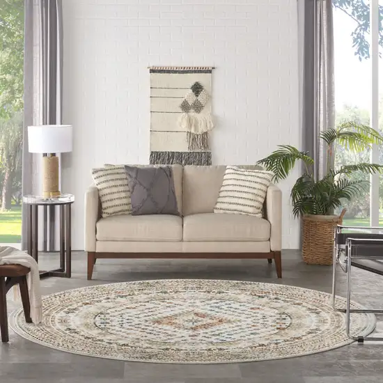 8' Beige Teal Blue And Orange Oriental Non Skid Round Rug Photo 6