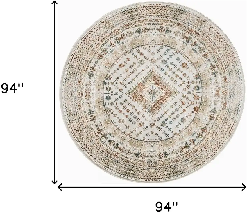 8' Beige Teal Blue And Orange Oriental Non Skid Round Rug Photo 3