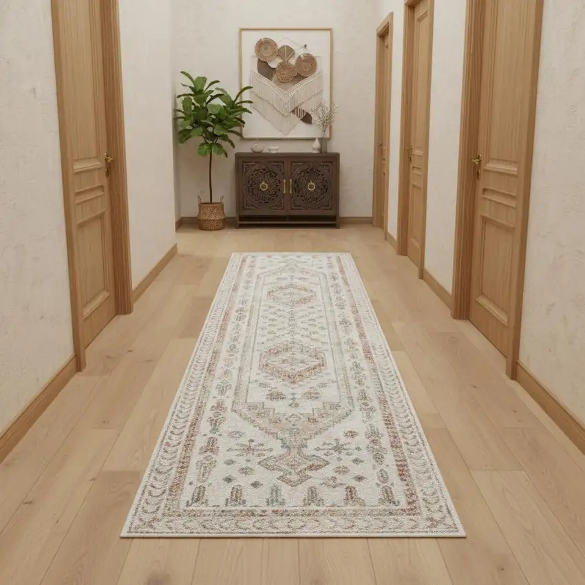 10' Beige Teal Blue And Orange Oriental Non Skid Runner Rug Photo 1