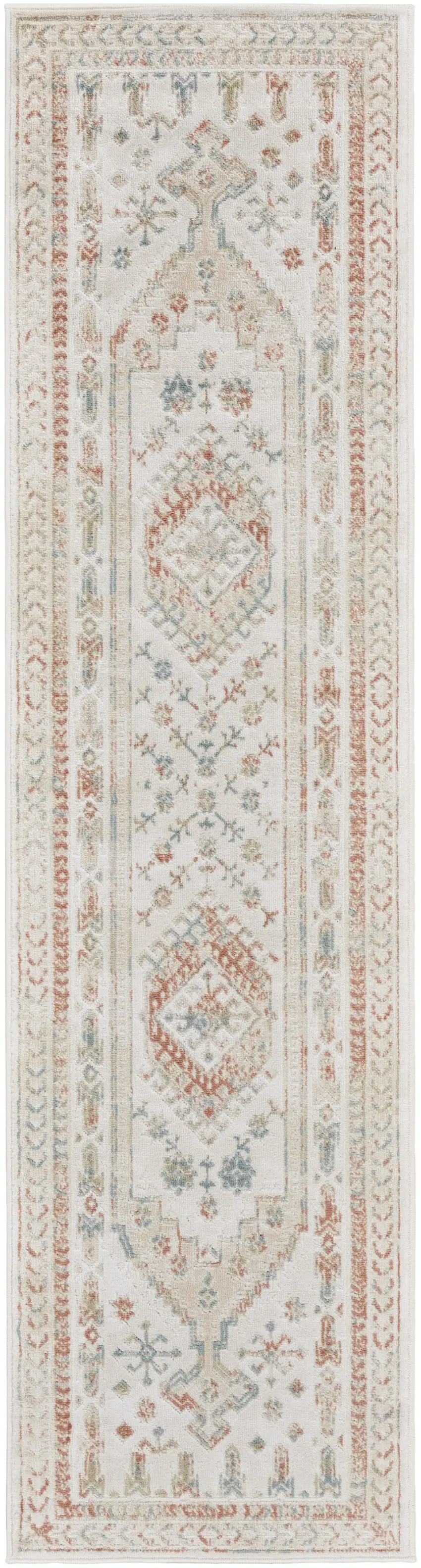 10' Beige Teal Blue And Orange Oriental Non Skid Runner Rug Photo 4
