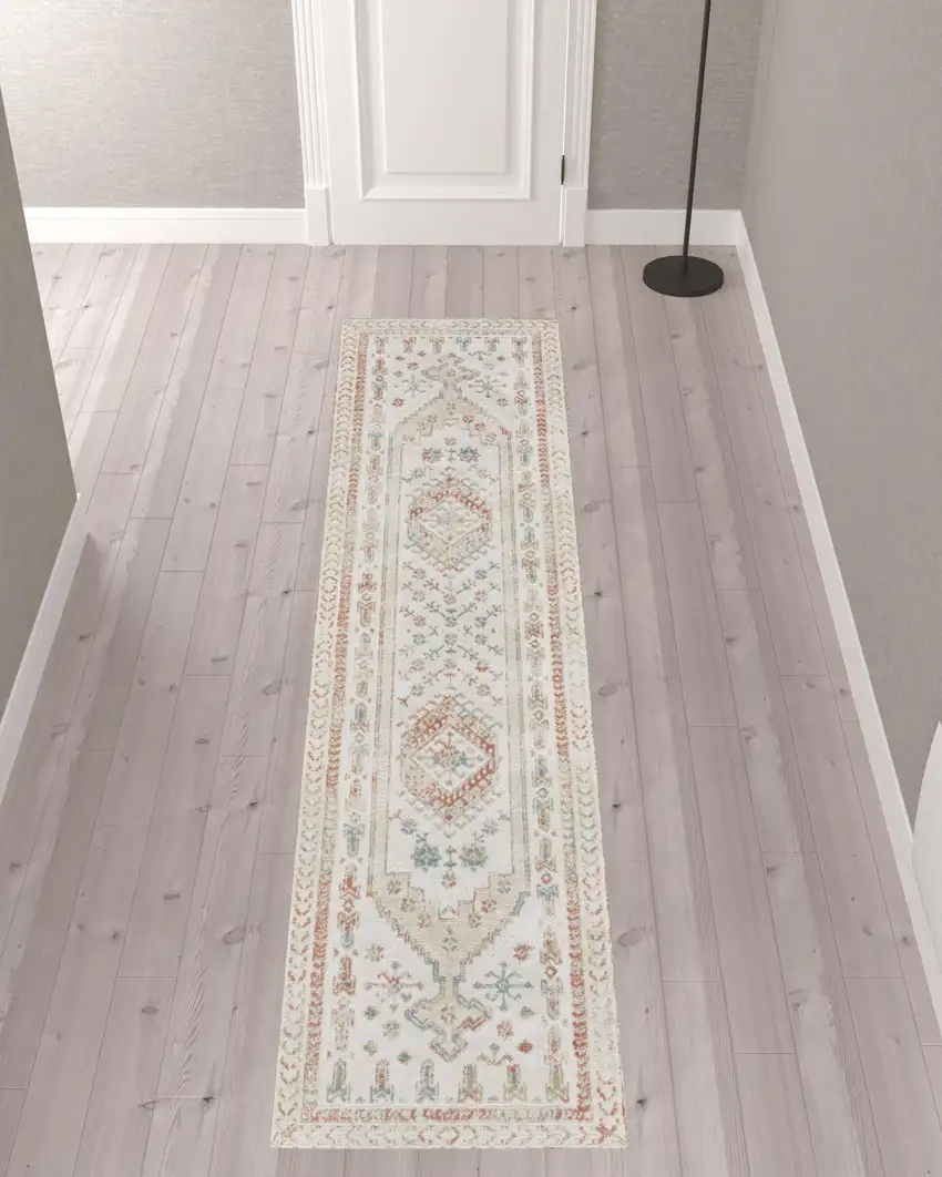 10' Beige Teal Blue And Orange Oriental Non Skid Runner Rug Photo 1