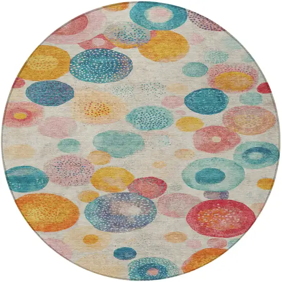 8' Beige Teal Blue And Orange Round Geometric Washable Indoor Outdoor Area Rug Photo 3