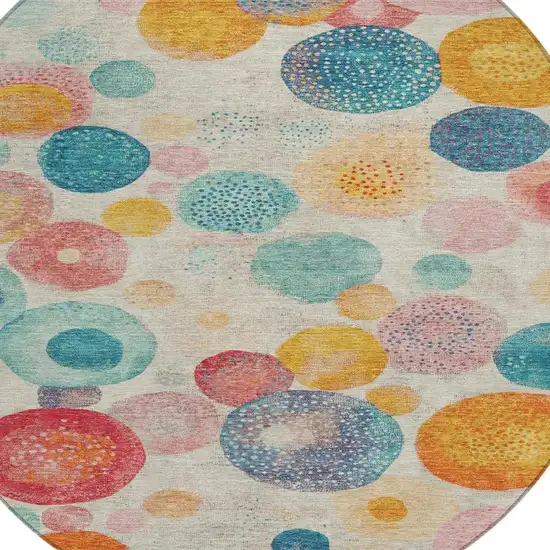 8' Beige Teal Blue And Orange Round Geometric Washable Indoor Outdoor Area Rug Photo 4