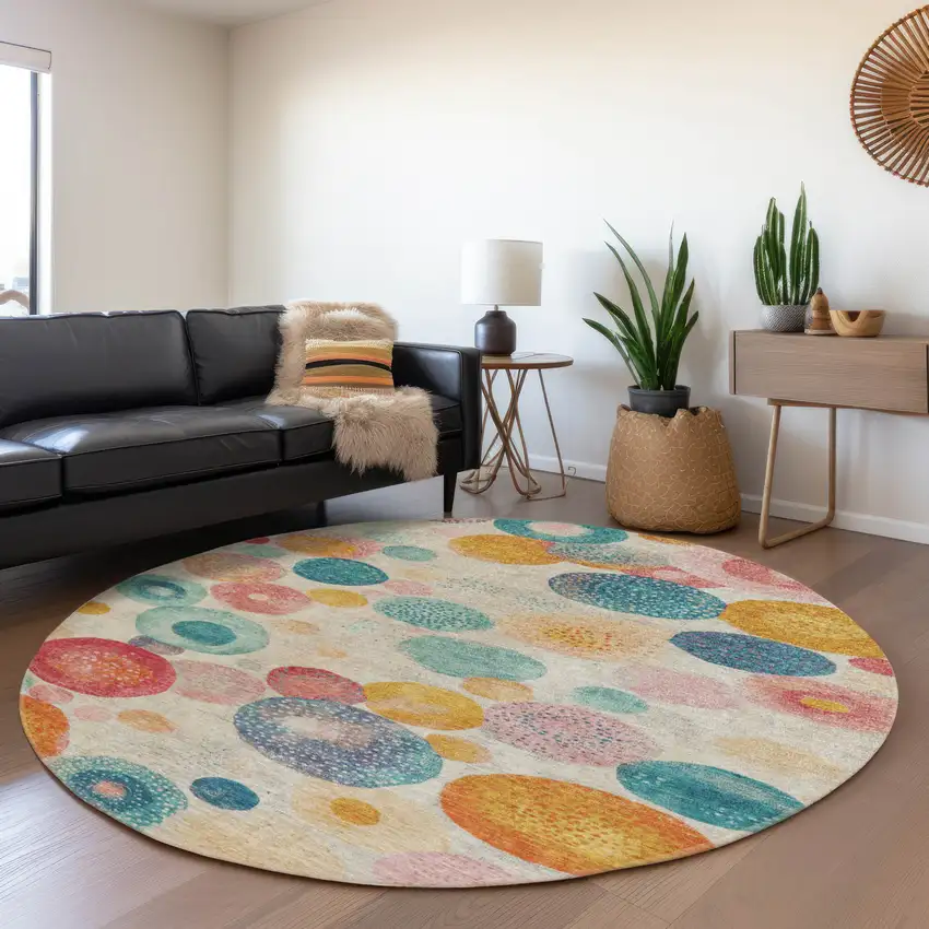 8' Beige Teal Blue And Orange Round Geometric Washable Indoor Outdoor Area Rug Photo 6