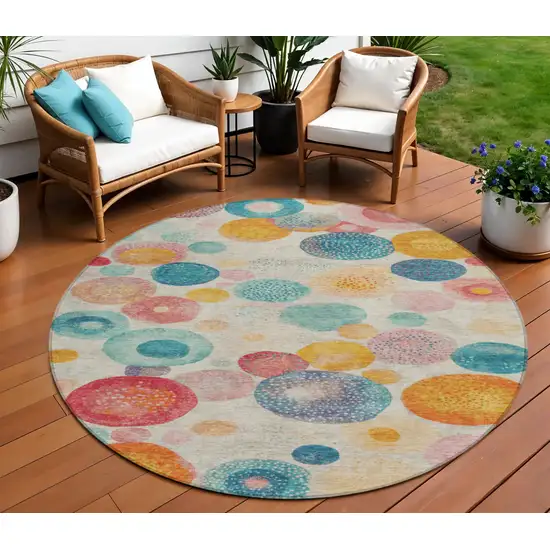 8' Beige Teal Blue And Orange Round Geometric Washable Indoor Outdoor Area Rug Photo 2