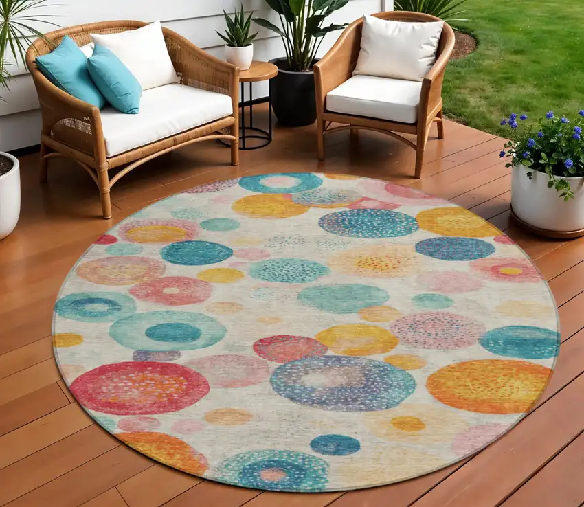 8' Beige Teal Blue And Orange Round Geometric Washable Indoor Outdoor Area Rug Photo 2