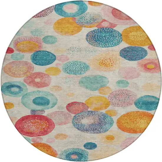 8' Beige Teal Blue And Orange Round Geometric Washable Indoor Outdoor Area Rug Photo 1