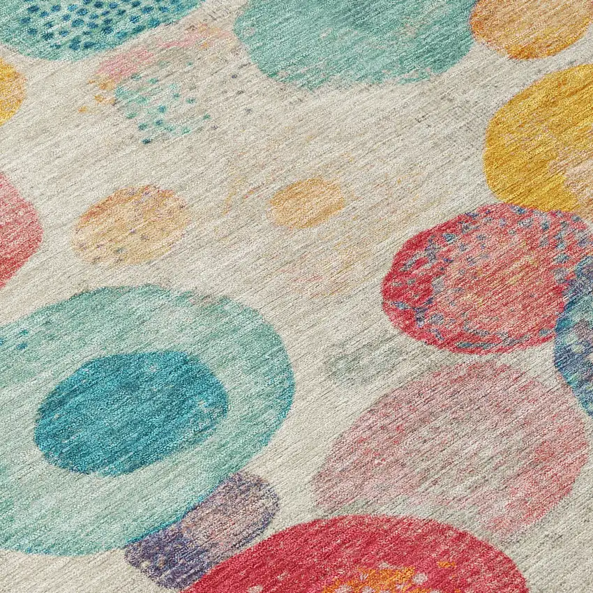 8' Beige Teal Blue And Orange Round Geometric Washable Indoor Outdoor Area Rug Photo 9