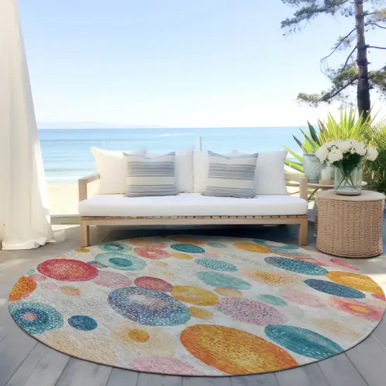 8' Beige Teal Blue And Orange Round Geometric Washable Indoor Outdoor Area Rug Photo 5