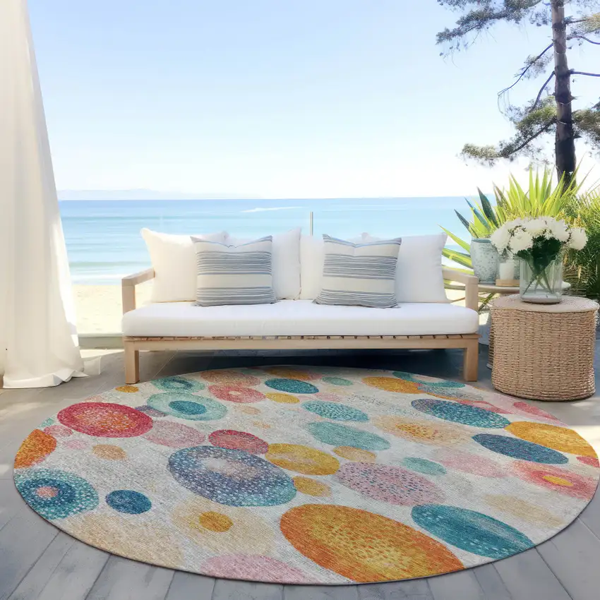 8' Beige Teal Blue And Orange Round Geometric Washable Indoor Outdoor Area Rug Photo 5