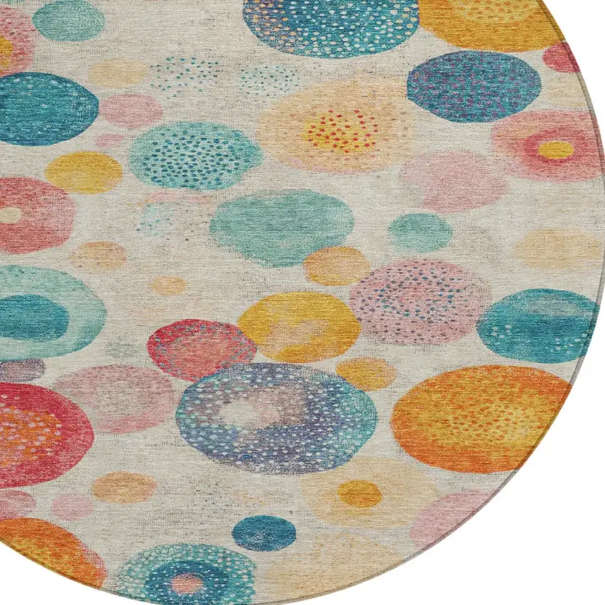 8' Beige Teal Blue And Orange Round Geometric Washable Indoor Outdoor Area Rug Photo 7