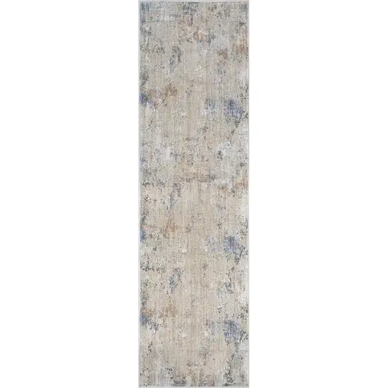 8' Beige Teal Blue and Gray Abstract Runner Rug With Fringe Photo 2
