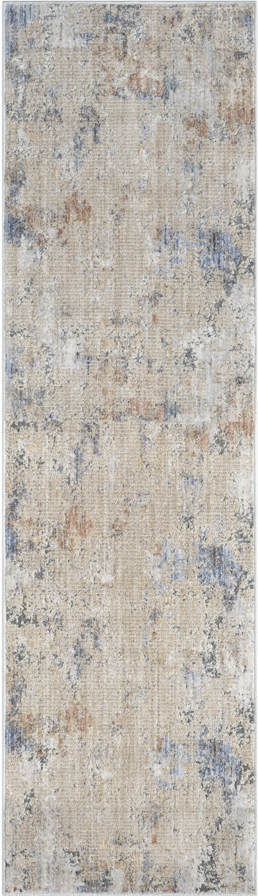 8' Beige Teal Blue and Gray Abstract Runner Rug With Fringe Photo 2